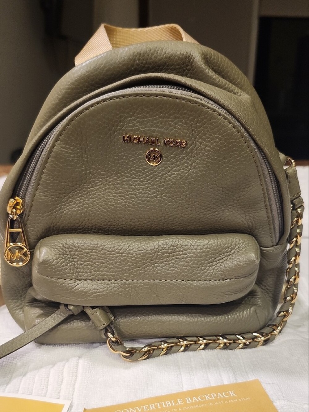 Michael Kors Olive Green Pebbled Leather Mini Backpack with Gold Chain - Picture 4 of 10
